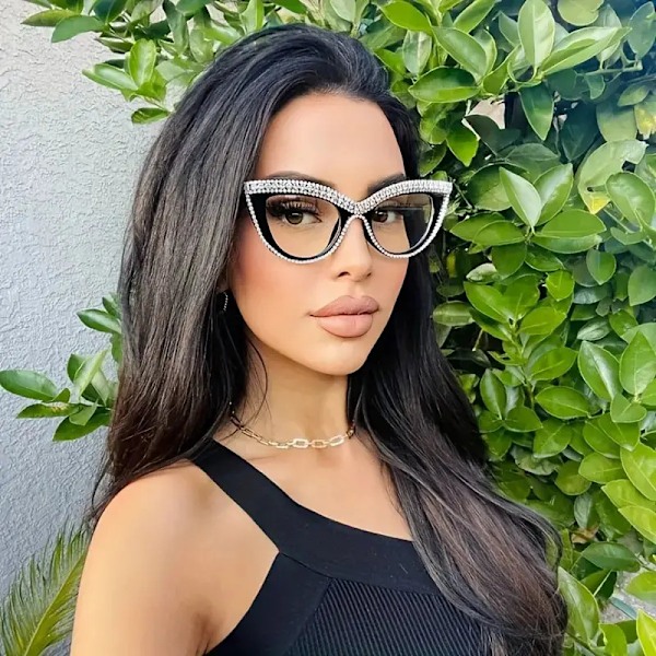 Diamant Blåt Lys Blokerende Briller Cat Eye Rhinestone Kvinder Oversized Anti Eyestrain Computer Briller Ramme