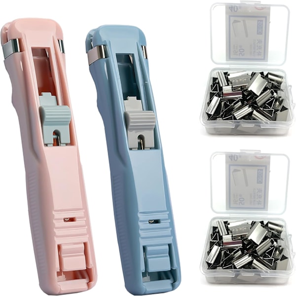Bærbar musling clips dispenser håndholdt papirklipser 2 clips pushere + 100 ekstra clips