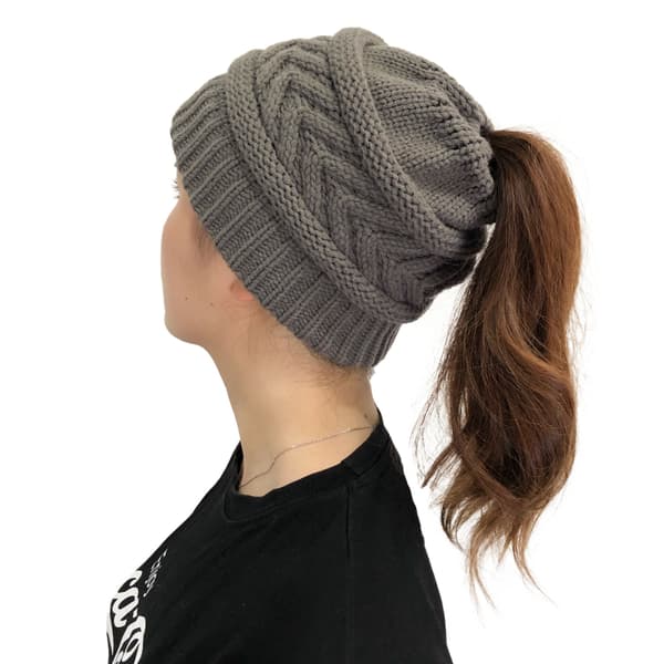 Vintermössa Ponnytail Beanie Hat för kvinnor, mjuk stretchkabel stickad rörig bulle