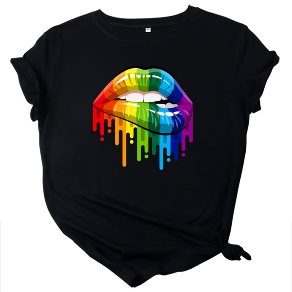 regnbue læbeprint kortærmet t-shirt kvinder, GUL, XL