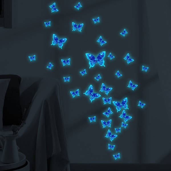 Glow in the dark sommerfugl vægklistermærker - Blå - Vægdekoration til stue og soveværelse