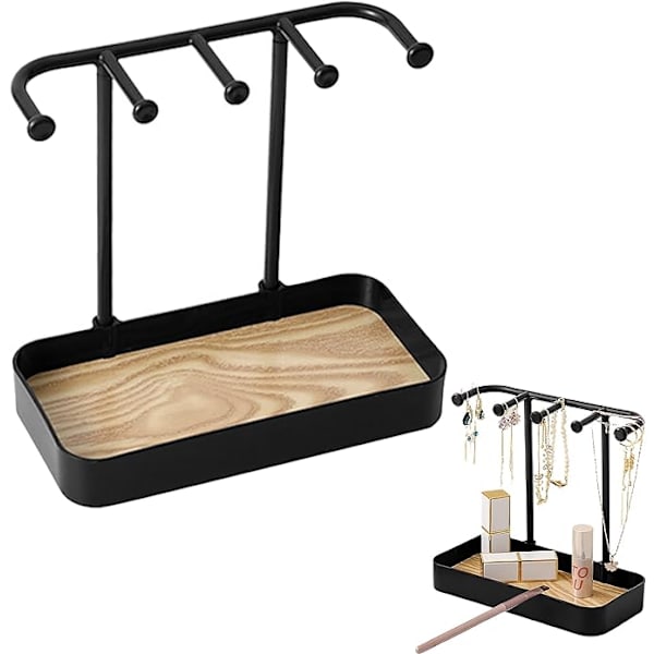 Smykkearrangørstativ, Halskjedeholder med Tretallerken, Halskjedeutstillingsstativ Smykkeoppbevaringskroker (Svart) 20*10*10cm