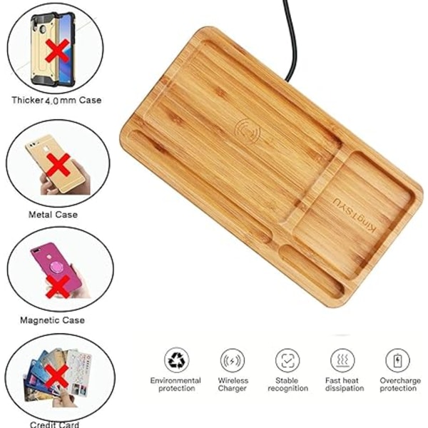 10W Wood Phone Trådlös Laddningsstation med Desk Organizer Pad, Bamboo Qi