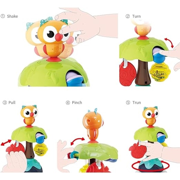 Baby Owl Rattle Toy, Baby High Chair Toy med sugekopp, Grip og roter,