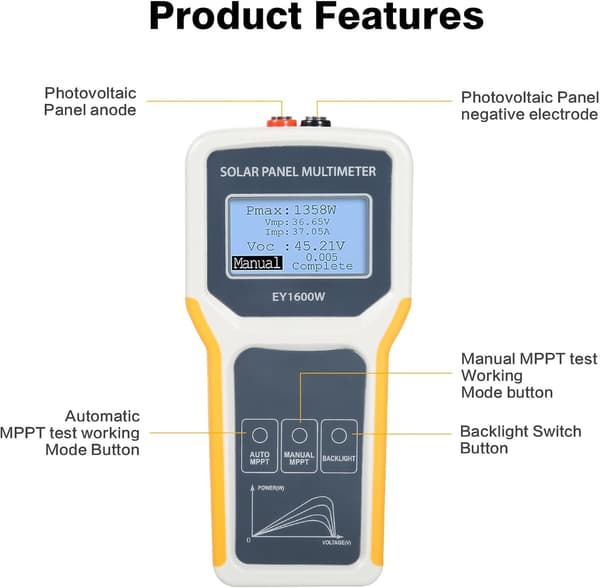 Solpanel Multimeter, EY1600W Fotovoltaisk Panel Multimeter Solpanel MPPT Tester Maksimal Effekt Punkt Effekt Måler