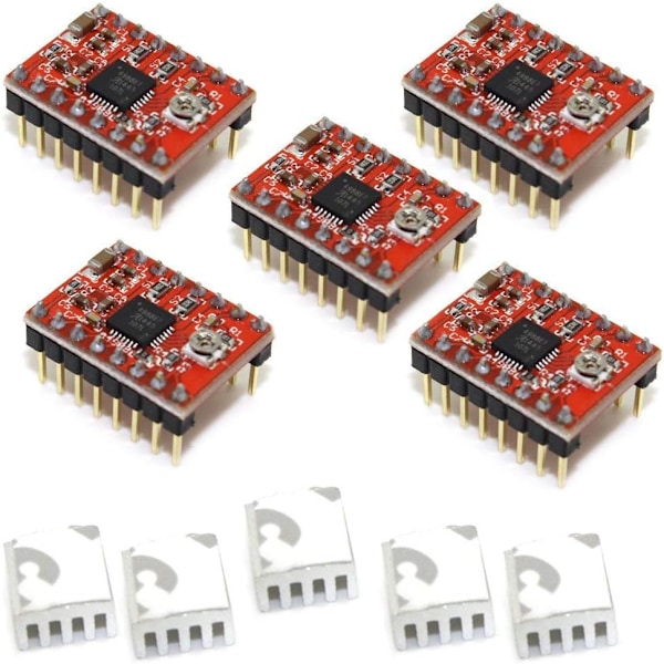 A4988 StepStick Kompatibel Trinmotor Driver Modul med Køleplade til 3D Printer Controller Ramps 1.4 (5 stk. Pakke) - Rød