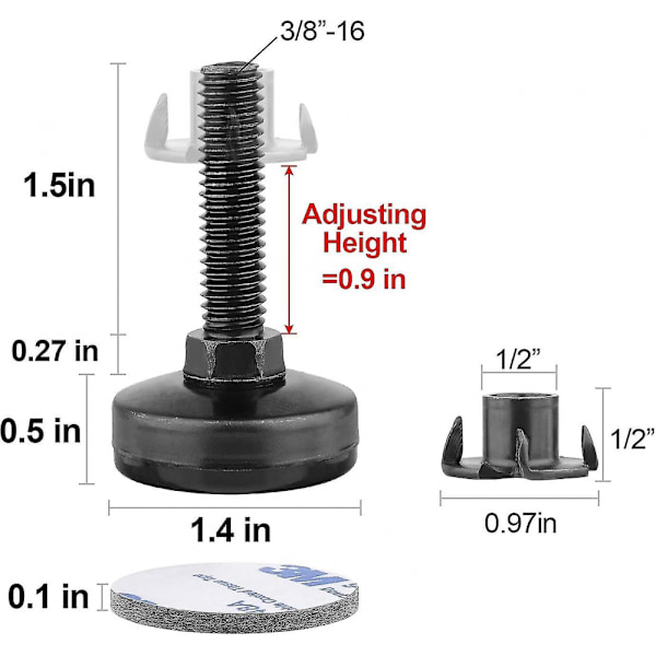 Starka Möbeljusterbara Bennivåer, Bär 600 kg, T-Mutterset 3/8-16 Gänga, Stor Bas - 4-pack, svart