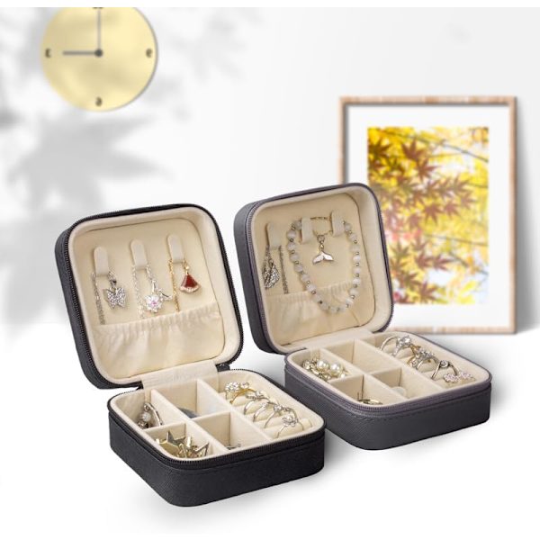 Liten smykkeskrin, Mini smykkeorganisator, Reisesmykkeboks, Bærbar oppbevaringsboks for øredobber, halskjeder, armbånd (Svart)