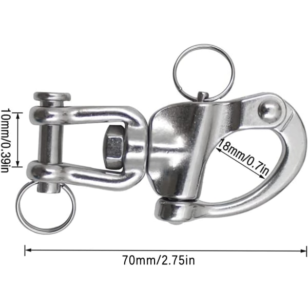2 st roterande krokar, tillbehör i rostfritt stål, roterande krok i rostfritt stål för seglingssele (70 mm)