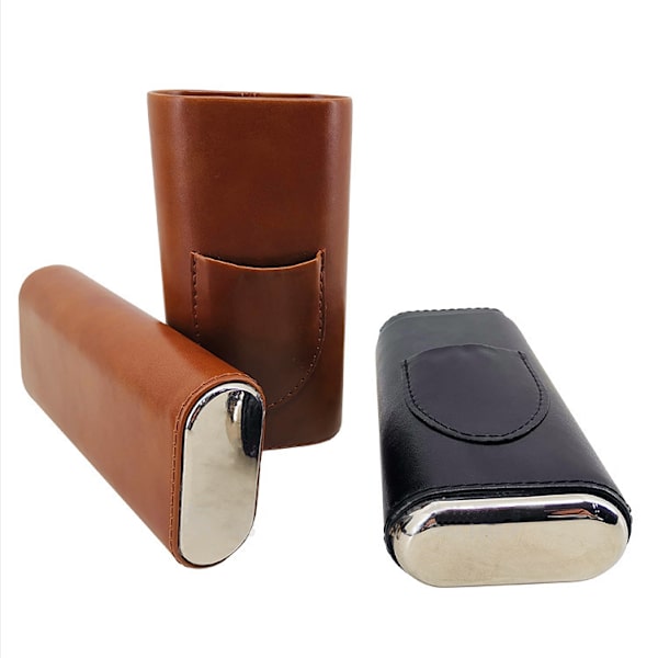 Premium 3-Finger Brun Læder Cigar Etui, Cedertræforet Cigar Humidor med Sølv Rustfrit Stål Cutter 16.5*7.5*3.8CM