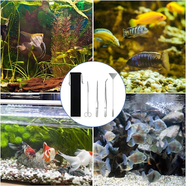 4 i 1 Akvarie Aquascaping Kit, Rustfrit Stål Akvarie Værktøj, Akvarie Saks Spatel Tang Med Sort Opbevaringspose Akvarie Tilbehør Aquascapin