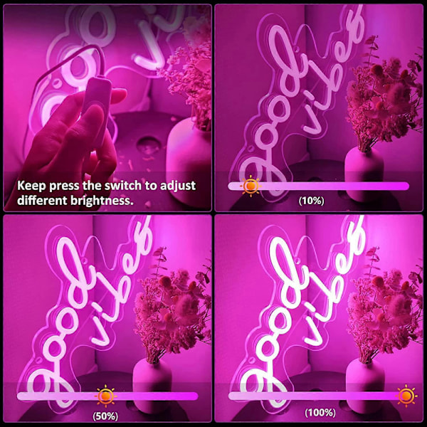 Good Vibes eon-skylt med USB-ström och dimmer, rosa LED eon-skyltar för sovrum, eon-lampor för väggdekoration, spelrum, fest, bardekoration - 16,1 * 8,2