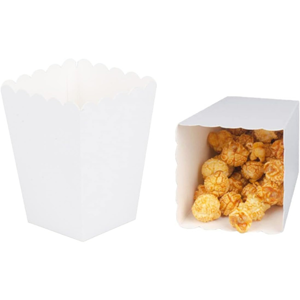 Pakke med 24 små hvite popcornbokser, mini papir popcornboksbeholdere for fester