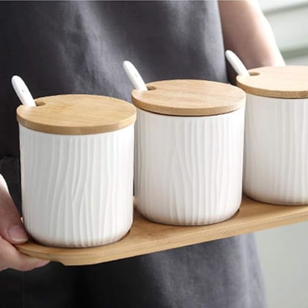 Ceramic Condiment Pot with Lids Spoons Wooden Serving Tray for Kitchen 9.5*