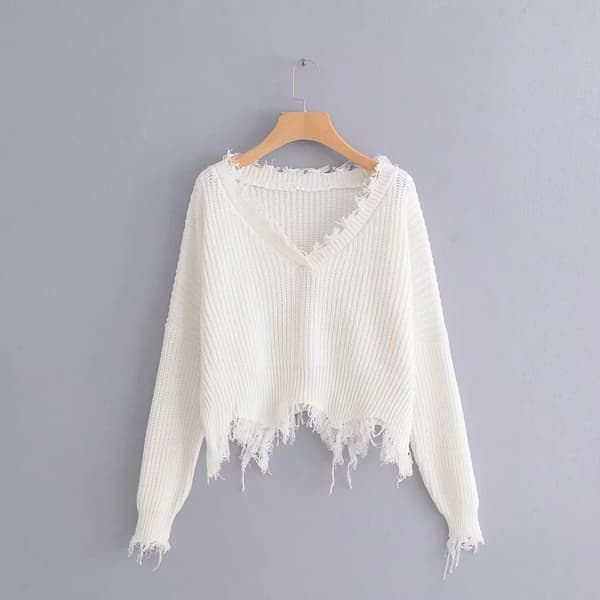 Kvinnors V-hals Lös Stickad Tröja Långärmad Ripped Jumper Pullover Cro