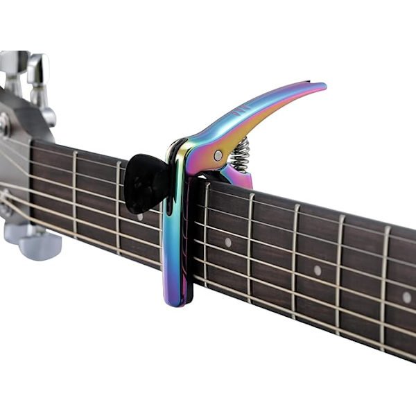 3-i-1 gitar capo for akustiske og elektriske gitarer (med plekterholder og 4 plekter)