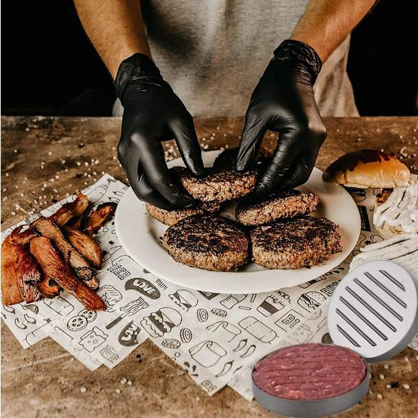 Burgerpresse med 120 vokspapirer i fødevarekvalitet rustfrit stål