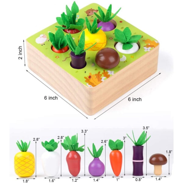 Puinen maatilan sadonkorjuupeli Montessori-lelu, varhaisen oppimisen lelu pojille ja tytöille 1 2 3 vuotta vanha, muotolajitteluopetustelu 7 kokoa vihannes tai hedelmä, lahja taaperoille 1-3