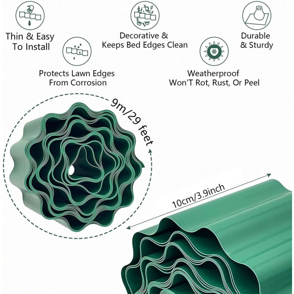 Plastkant for hage, 9m x 10cm fleksibel plenavgrensningsgjerde for hagekanter, blomsterbed og gjør-det-selv-landskapsforming