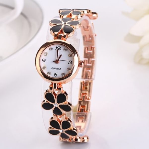 Flickor Chic Fashion Flower Rose Golden Armband Wrist Watch Svart