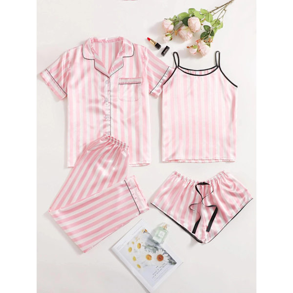 Kvinners Silke Satin Pyjamas Sett 4 Deler Nattøy Loungewear Pj Sett L