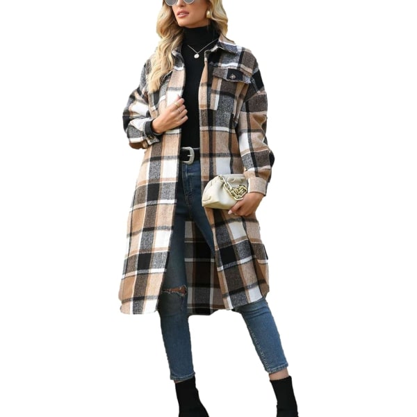 Kvinders Casual Lapel Knap Ned Langærmet Flannel Ternet Shacket Lang Shi