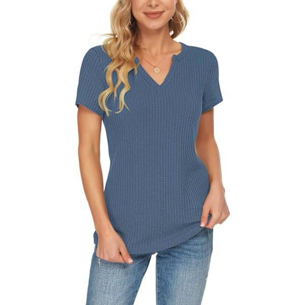 Kvinners sommer vaffel strikket kort ermet tunika topper V-hals Henley løs bluse