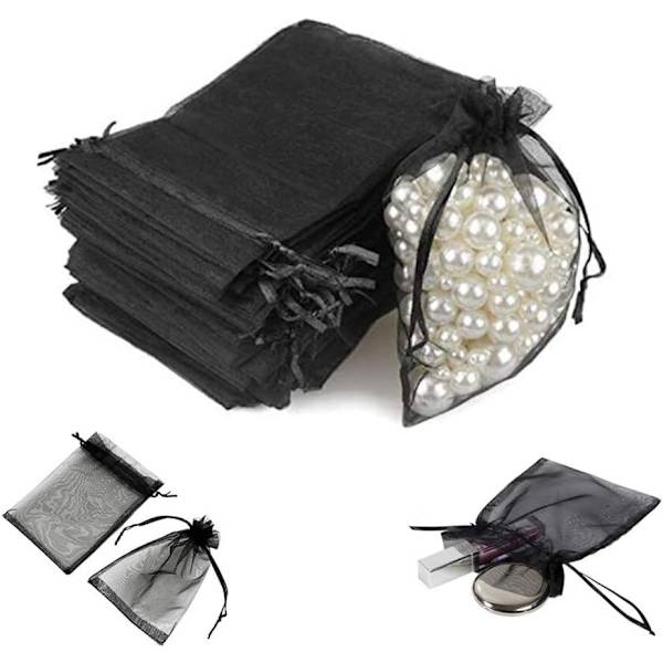 10X15cm Organzaposer med snøreposer Organza smykker gaveposer til bryllup slik gavedekoration Sort 50 stk
