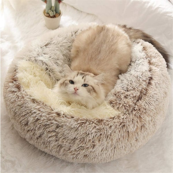 Rund Fluffy Katteseng - Myk Plysj - med Hetter - for Innendørs og Vinter - Sklisikker Sovepute - Maskinvaskbar - 50 cm