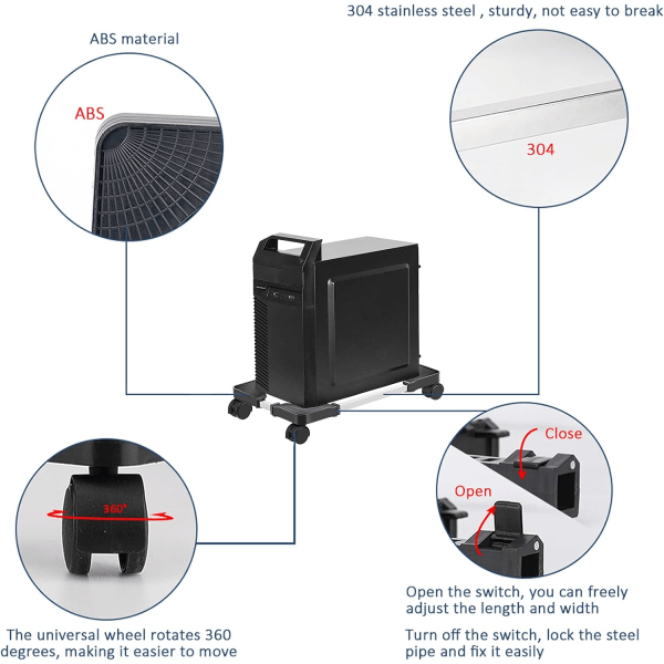 Mobil CPU-ställ Justerbar Dator Torn Stativ med 4 Hjul, Passar de Flesta