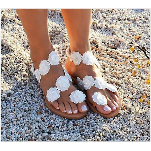 Kvindernes Bryllup Flade Sandaler, Hvide Blonder Sandaler, Strand Sandaler