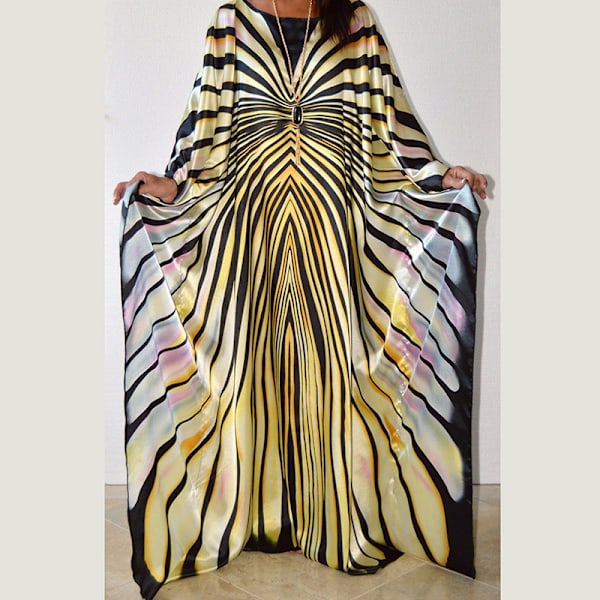 Sommerfugl Zebra Stribet Mønster Oversize Satin Batwing Kimono Cover Up Kaftan