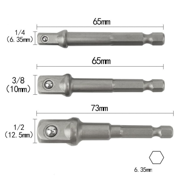 Stikdåseholderadaptere på boremaskine/slagdriver. Sæt med 3 1/4\", 1/2\", 3/8\" firkantet sekskantdorn-adapter i kromvanadium (lys grå)