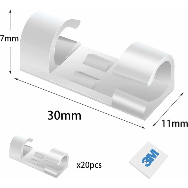 Kabelklemmer [20 stk.], Kabelorganisationsklemmer, Kabelbindere, Selvklæbende fastgørelse, Kan bruges til at administrere kabler Ledninger i hjemmet eller på kontoret (hvid)