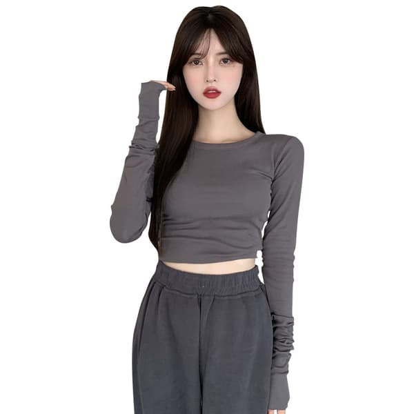 1 stk grå dame Basic bomull langærmet Crop Tops T-skjorte myk stretch vanlig rund hals, XL