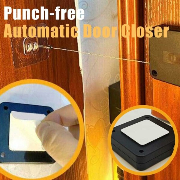 Punch-Free Automatic Door Closer, Hole-Free Self-Closing for Most Doors, Bl