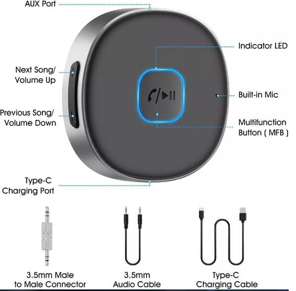 Bluetooth-mottaker for bil, kablet headset, Aux Bluetooth-mottaker håndfri samtaler, dobbel tilkobling