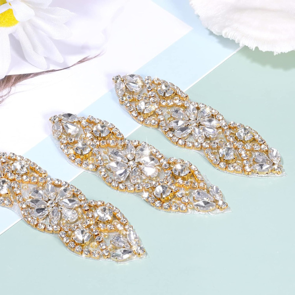 Stykker Rhinestone Applikationer, 10 x 3 cm Rhinestone Stryge-På-Lappe, Bryllup Applikationer til Brudekjole Bælte Kjole (Guld)