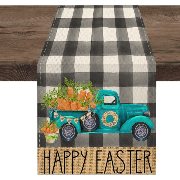 Buffalo Plaid Gulerot Egg Truck Daisy Happy Easter Bordsløper