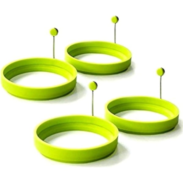 Set of 4 Silicone Egg Rings - Non-Stick Pancake Molds - Round Baking Mold with Handle for Frying (Green 10.5*5.5cm)