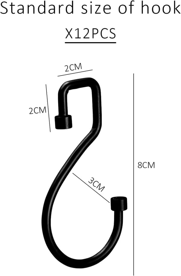 12-pack S-formade krokar Rostfria metall Duschdraperikrokar kompatibla Kök Sovrum, Svart