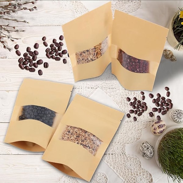 40 stycken små kraftpapperspåsar 10x15cm Återanvändbara Kraftpapperspåsar för mat Kraftpapperspåsar med dragkedja Matförpackningspåsar med transparent fönster för nötter matbönor C