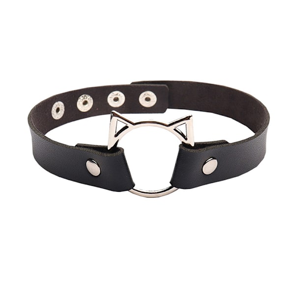 Choker O-ring CAT Kat Kitty Øre Sort PU Læder Kawaii Anime Sort
