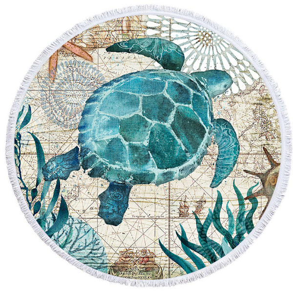Mikrokuituinen pyöreä rantapyyhe, yhteensopiva rantapeitto, kylpypyyhe, joogamatto, retkipeitto, piknikpeitto, 150*150cm (Turtle Blue)