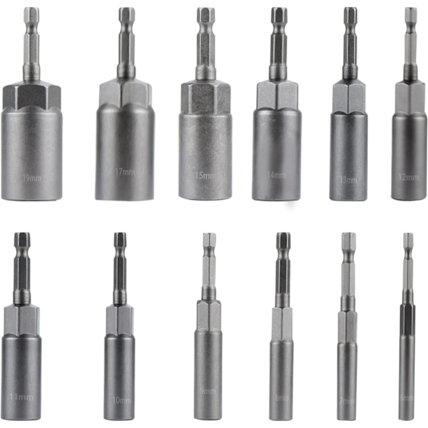 Skruvmejselbitsadapter 1/4\" Hex-uttag 6-19mm för handborr, elektrisk skruvdragare, hylsnyckel (12 st)