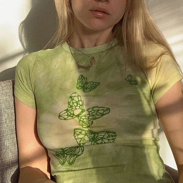 Y2k grafiskt print dam T-shirt Söt söt kortärmad t-shirt med rund hals