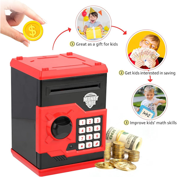 Minibank Piggy Bank for gutter og jenter, minibank myntbank penge sparebøsse med passord, barnesikker pengekrukke for voksne med automatisk gripeseddelspor, flott gavelekebank for barn (rød+svart)