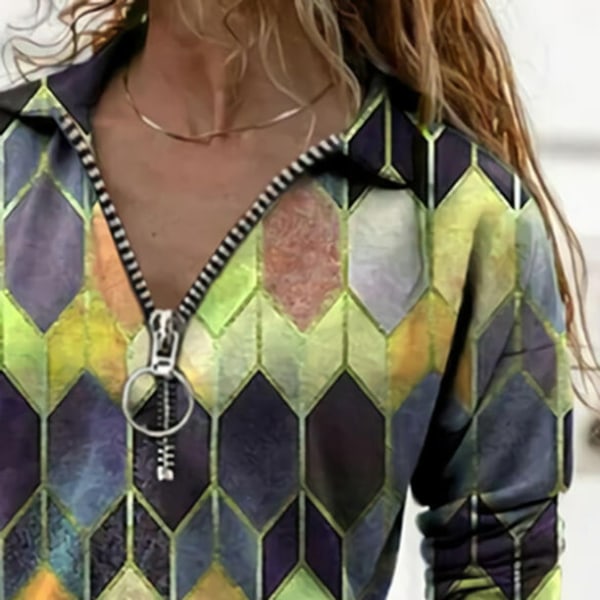 Topper for kvinner Mote Kvinner Slag Geometric Print Glidelås Lang Ermet Casua