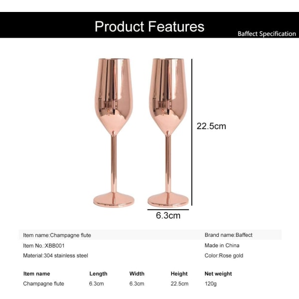 Champagne Flutes Set of 2, 304 Rose Gold Rustfritt Stål Champagne Flutes 220ml Rødvinglass Sett for Bryllup Jubileum Bursdagsgaver (Rose Gold)