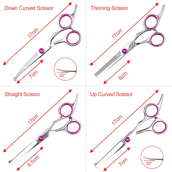 Koirakarvasakset, ruostumattomasta teräksestä valmistettu koiranhoitosarja pyöristetyillä turvakärjillä, sisältää ohennussakset, hoitokamman, kaarevat sakset, suorat sakset, violetti